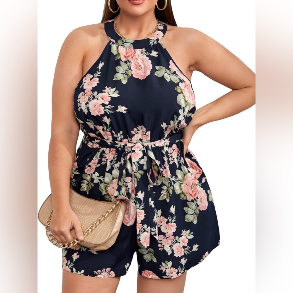 Navy blue floral romper. Missing belt used twice